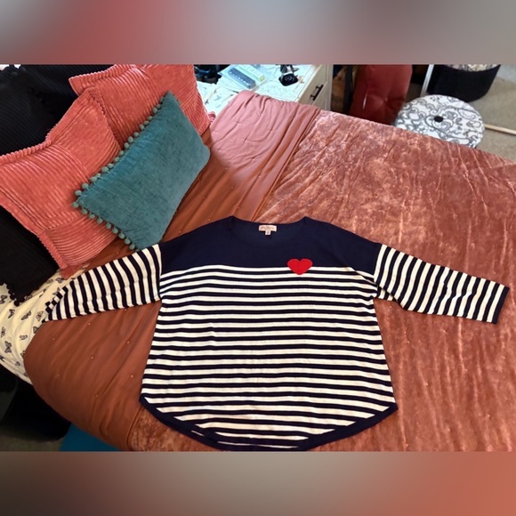PHILOSOPHY White Navy Blue Striped Red Heart Pullover Knit Sweater 1X - Picture 2 of 5